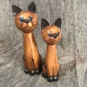 Vintage Hand Carved  Wooden Cat Figurines